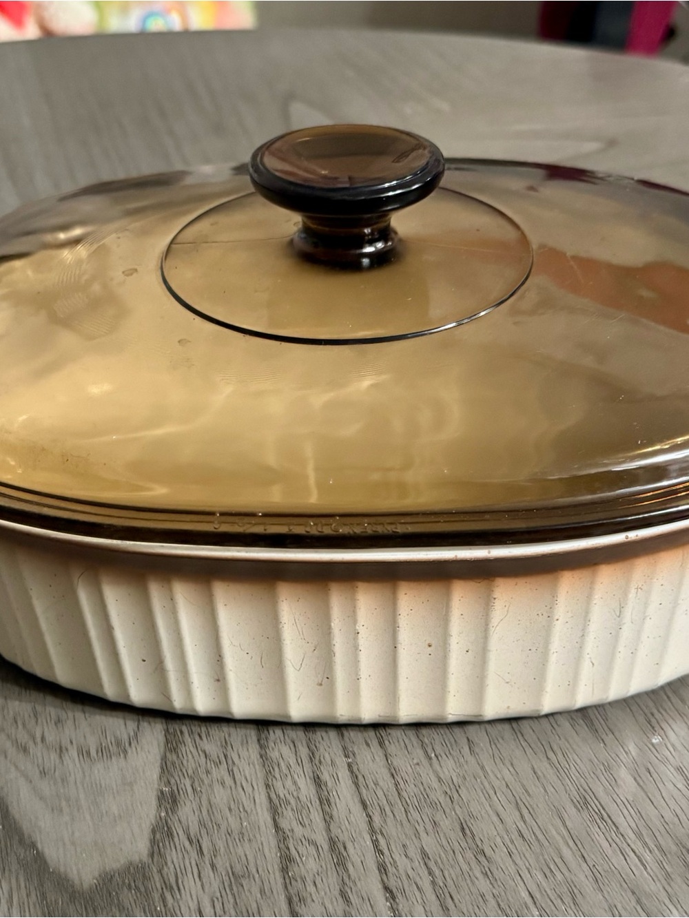Corningware Amber Glass Lid with Cream Ceramic Casserole